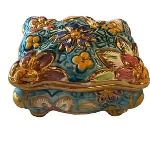 Belgium 🇧🇪 Porcelain Painted Box Numbered #166 A Gold & Blue Great Condition!